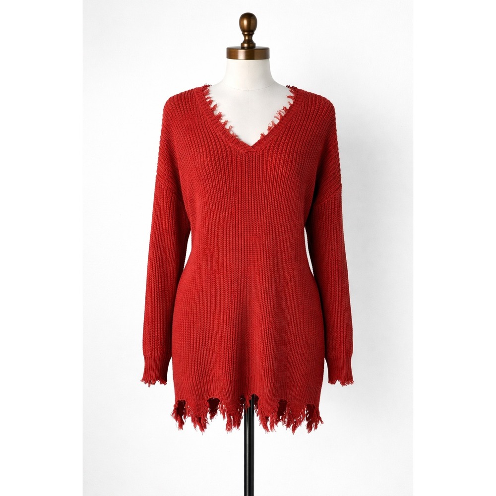 Distressed Knit Sweater Dress Womens Small Fringe Hem V Neck Oversized Boho